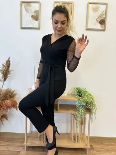 Women's Long Sleeve Crossover Collar Tulle Detail Waist Belted Imported Crepe Jumpsuit - 16