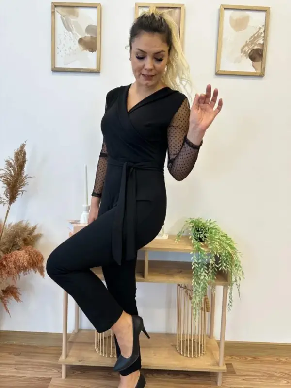 Women's Long Sleeve Crossover Collar Tulle Detail Waist Belted Imported Crepe Jumpsuit - 16