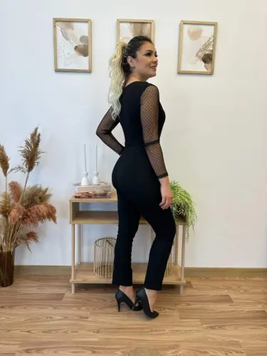 Women's Long Sleeve Crossover Collar Tulle Detail Waist Belted Imported Crepe Jumpsuit - 18