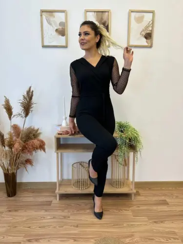 Women's Long Sleeve Crossover Collar Tulle Detail Waist Belted Imported Crepe Jumpsuit - 19