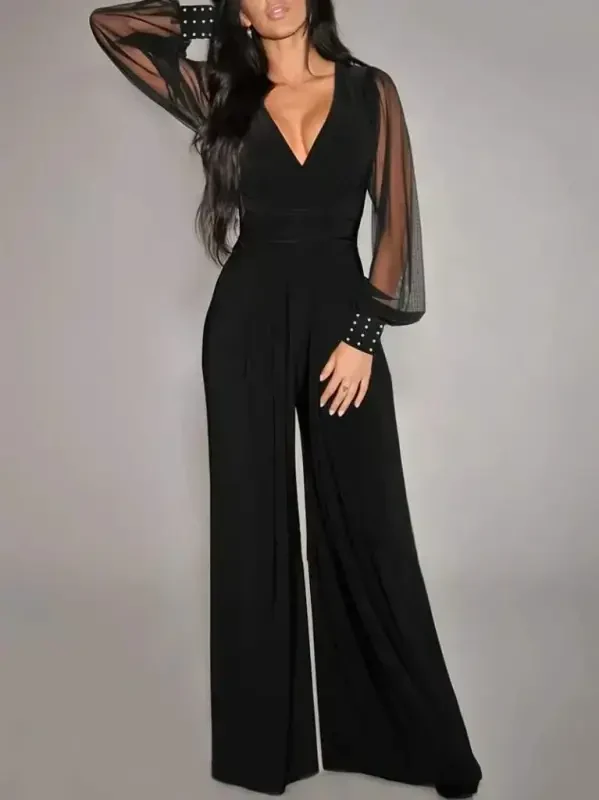 Women's Long Sleeve Crossover Collar Tulle Sleeve Viscose Jumpsuit - BÜYÜKBEDENIZ