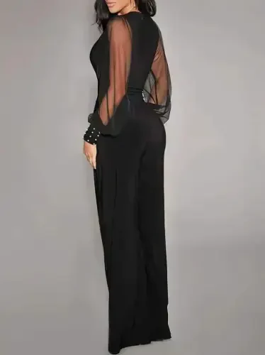 Women's Long Sleeve Crossover Collar Tulle Sleeve Viscose Jumpsuit - BÜYÜKBEDENIZ (1)