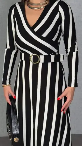 Women's Long Sleeve Crossover Neck Belt Included Striped Knitted Dress - 3