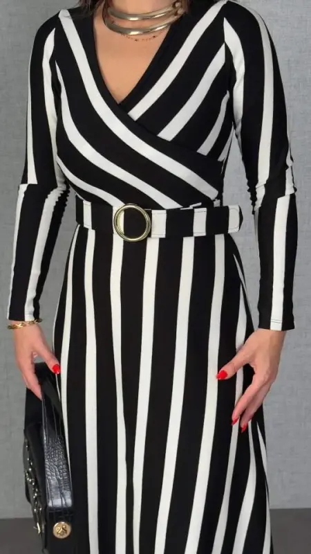 Women's Long Sleeve Crossover Neck Belt Included Striped Knitted Dress - 3