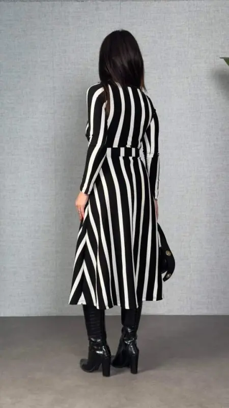 Women's Long Sleeve Crossover Neck Belt Included Striped Knitted Dress - 4