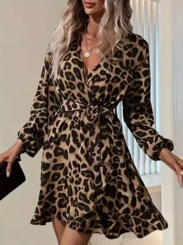 Women's Long Sleeve Crossover Neck Belted Crisscross Detail Leopard Modal Mini Dress - 2