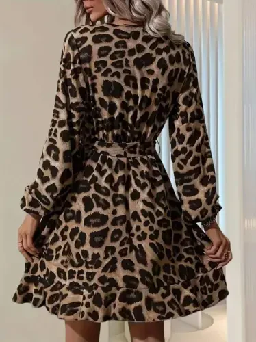 Women's Long Sleeve Crossover Neck Belted Crisscross Detail Leopard Modal Mini Dress - 3