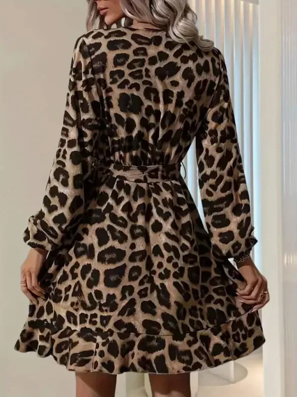 Women's Long Sleeve Crossover Neck Belted Crisscross Detail Leopard Modal Mini Dress - 3