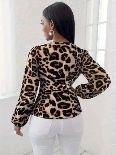 Women's Long Sleeve Crossover Neck Belted Leopard Print Supima Blouse - BÜYÜKBEDENIZ (1)