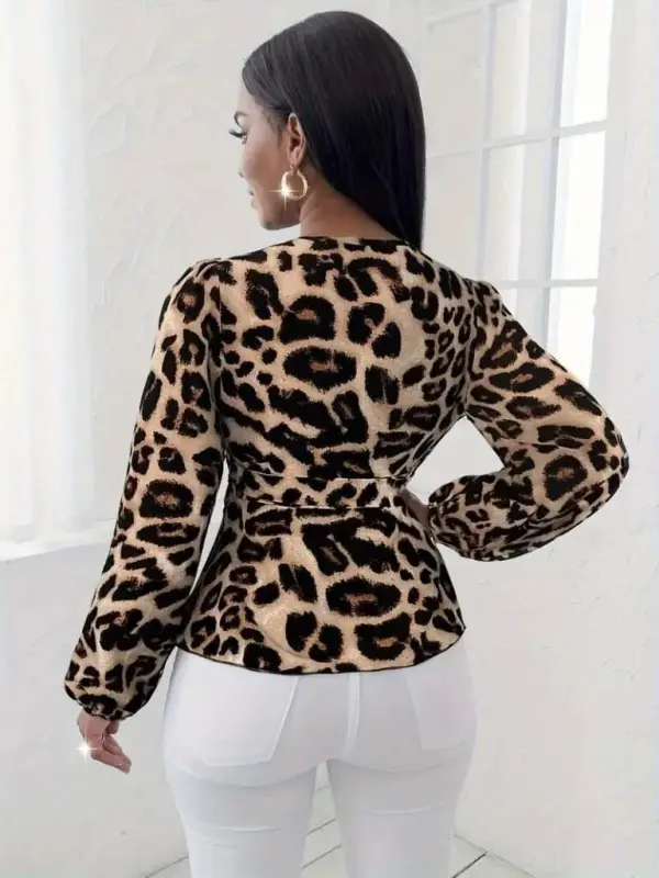 Women's Long Sleeve Crossover Neck Belted Leopard Print Supima Blouse - 2