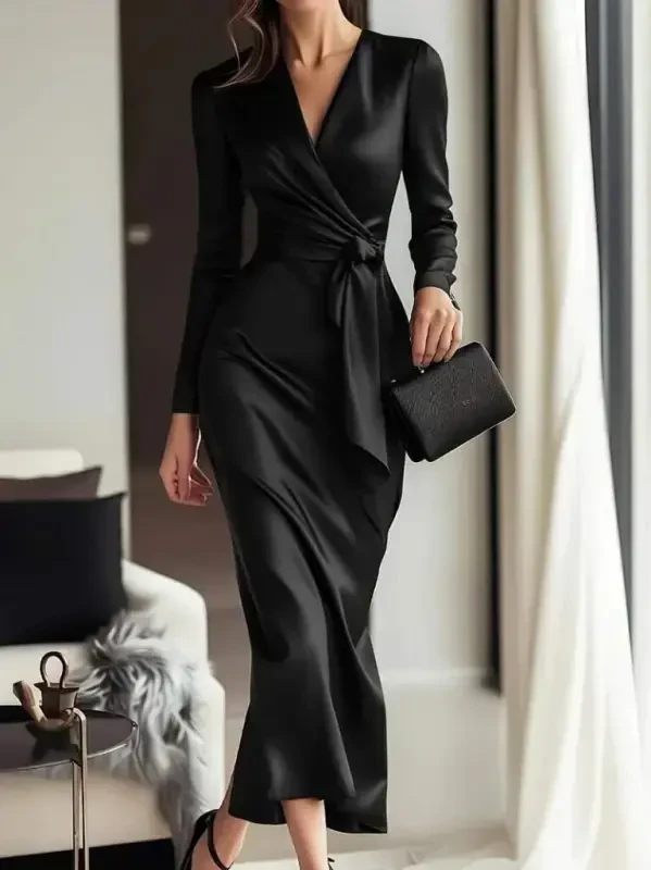 Women's Long Sleeve Crossover Neck Belted Long Satin Dress - BÜYÜKBEDENIZ