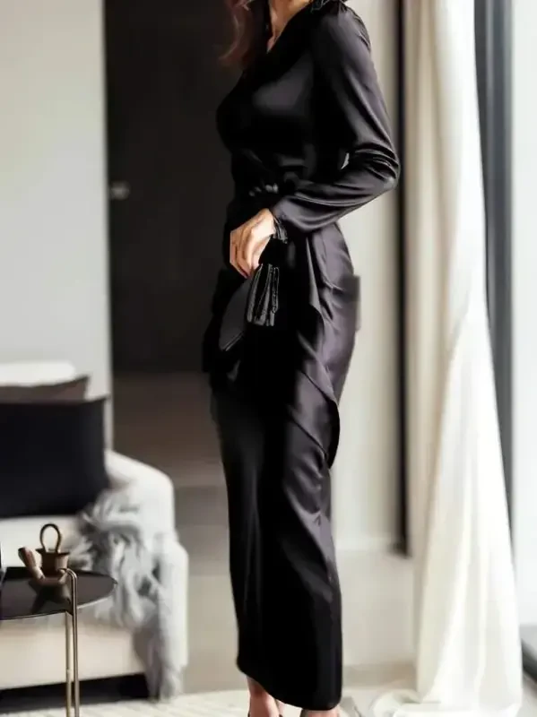 Women's Long Sleeve Crossover Neck Belted Long Satin Dress - 2