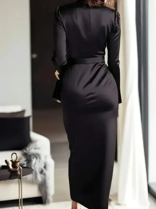 Women's Long Sleeve Crossover Neck Belted Long Satin Dress - 3