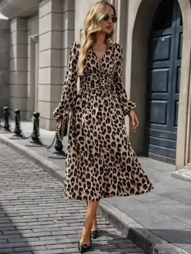 Women's Long Sleeve Crossover Neck Belted Midi Modal Leopard Dress - BÜYÜKBEDENIZ (1)