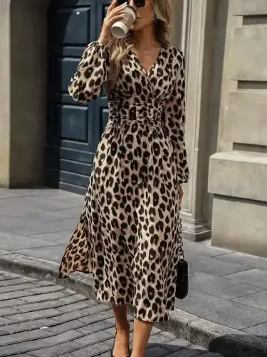 Women's Long Sleeve Crossover Neck Belted Midi Modal Leopard Dress - 3