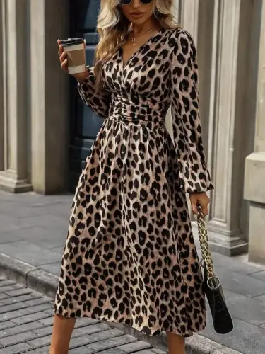 Women's Long Sleeve Crossover Neck Belted Midi Modal Leopard Dress - BÜYÜKBEDENIZ (1)