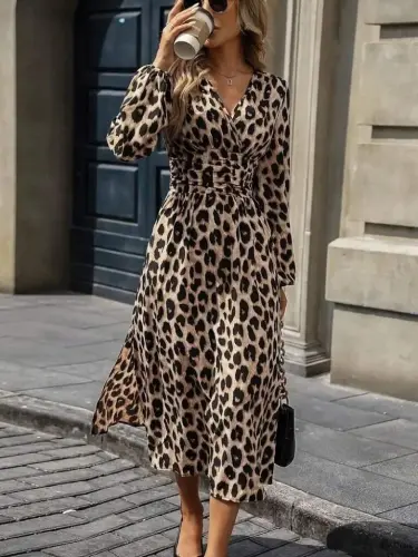 Women's Long Sleeve Crossover Neck Belted Midi Modal Leopard Dress - 3