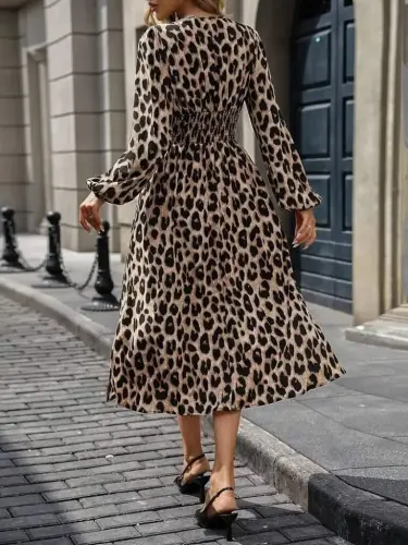 Women's Long Sleeve Crossover Neck Belted Midi Modal Leopard Dress - 5
