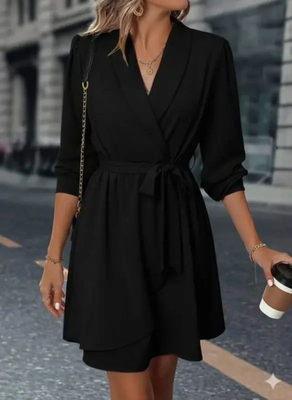 Women's Long Sleeve Crossover Neck Belted Mini Double Layered Imported Crepe Dress - BÜYÜKBEDENIZ