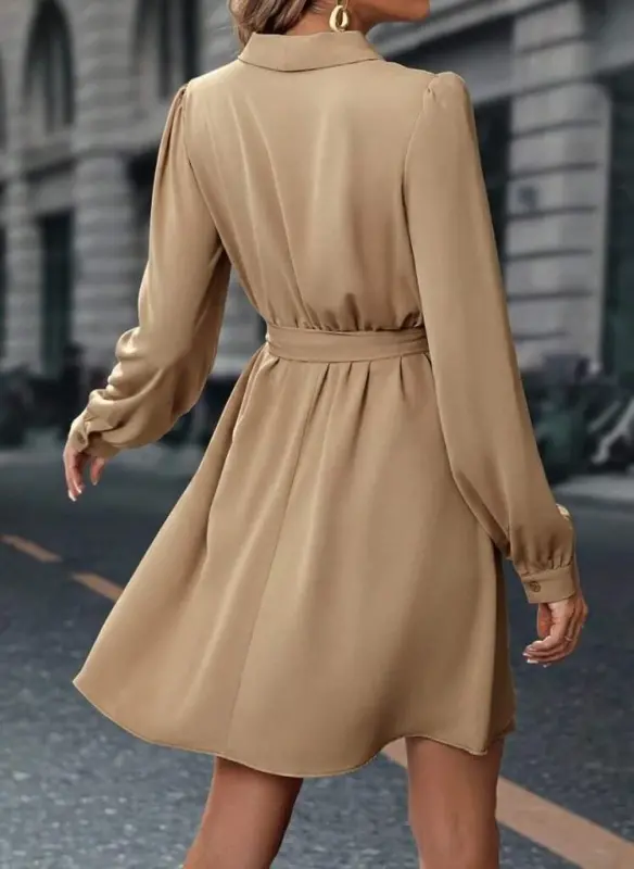 Women's Long Sleeve Crossover Neck Belted Mini Double Layered Imported Crepe Dress - 3