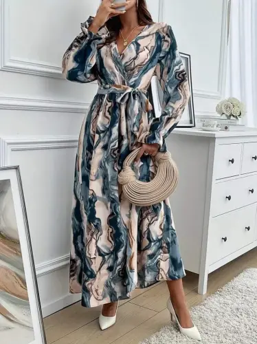 Women's Long Sleeve Crossover Neck Belted Patterned Süprem Maxi Dress - 1