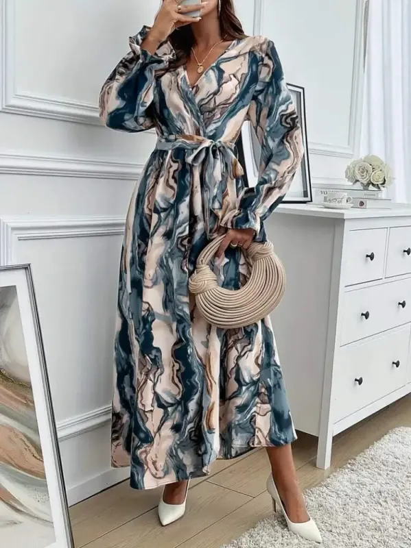 Women's Long Sleeve Crossover Neck Belted Patterned Süprem Maxi Dress - 1