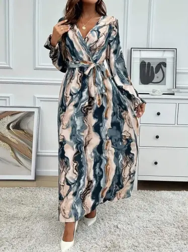 Women's Long Sleeve Crossover Neck Belted Patterned Süprem Maxi Dress - BÜYÜKBEDENIZ (1)