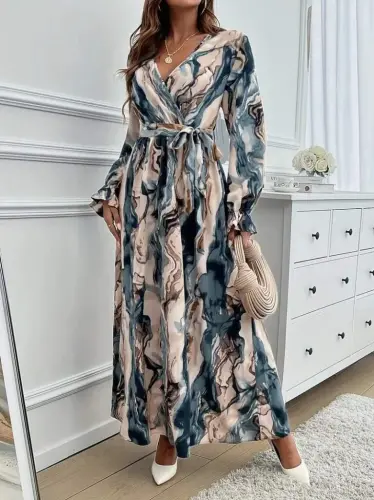 Women's Long Sleeve Crossover Neck Belted Patterned Süprem Maxi Dress - 4