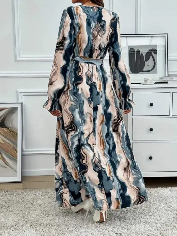Women's Long Sleeve Crossover Neck Belted Patterned Süprem Maxi Dress - 5
