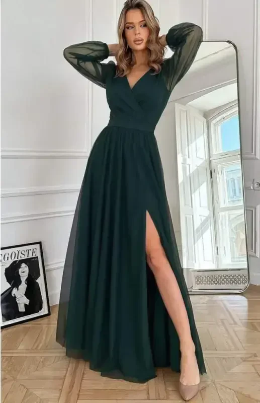 Women's Long Sleeve Crossover Neck Belted Tulle Long Imported Crepe Dress - 1