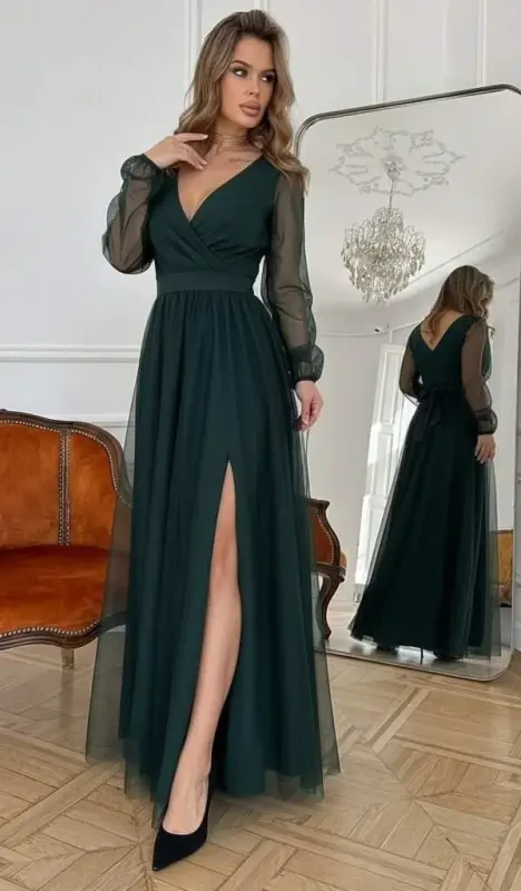 Women's Long Sleeve Crossover Neck Belted Tulle Long Imported Crepe Dress - 2