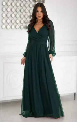 Women's Long Sleeve Crossover Neck Belted Tulle Long Imported Crepe Dress - 3