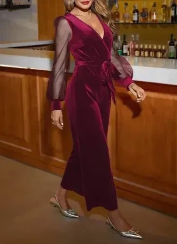 Women's Long Sleeve Crossover Neck Belted Velvet Jumpsuit with Tulle Detail - 1