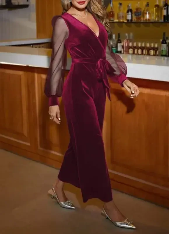Women's Long Sleeve Crossover Neck Belted Velvet Jumpsuit with Tulle Detail - 1