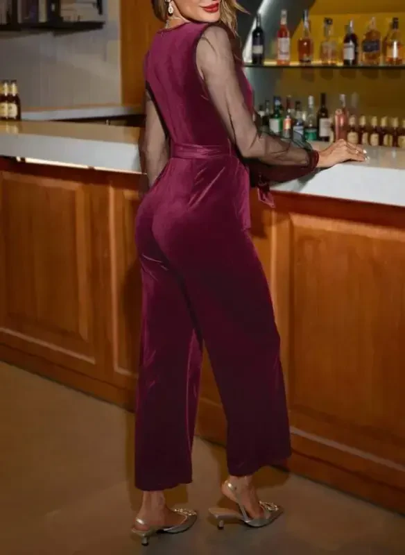 Women's Long Sleeve Crossover Neck Belted Velvet Jumpsuit with Tulle Detail - 2