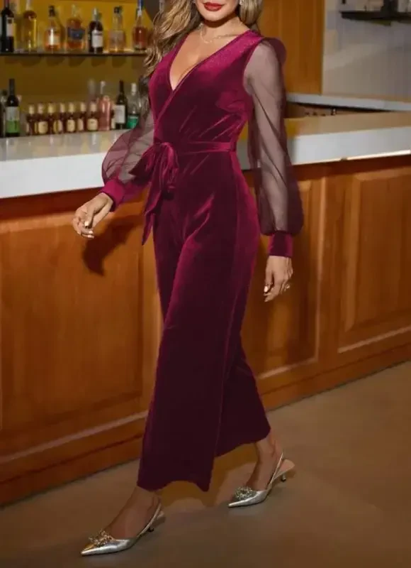 Women's Long Sleeve Crossover Neck Belted Velvet Jumpsuit with Tulle Detail - 3