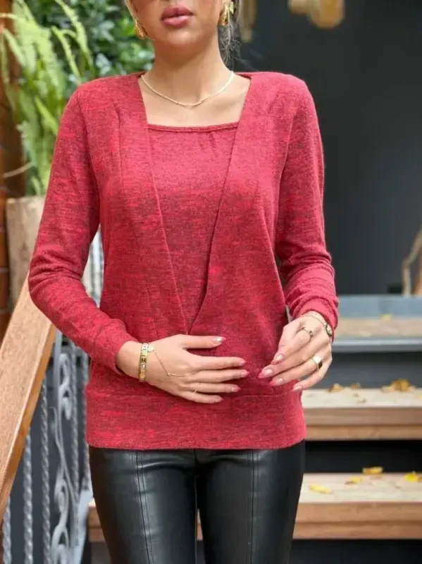 Women's Long Sleeve Crossover Neck Cuff Detail Fluffy Blouse - 6