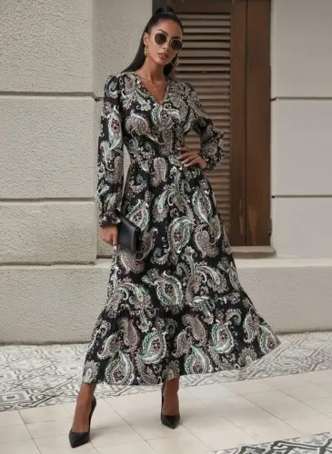 Women's Long Sleeve Crossover Neck Elastic Waist Long Patterned Maxi Dress - BÜYÜKBEDENIZ (1)