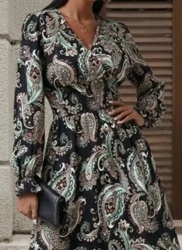 Women's Long Sleeve Crossover Neck Elastic Waist Long Patterned Maxi Dress - 3