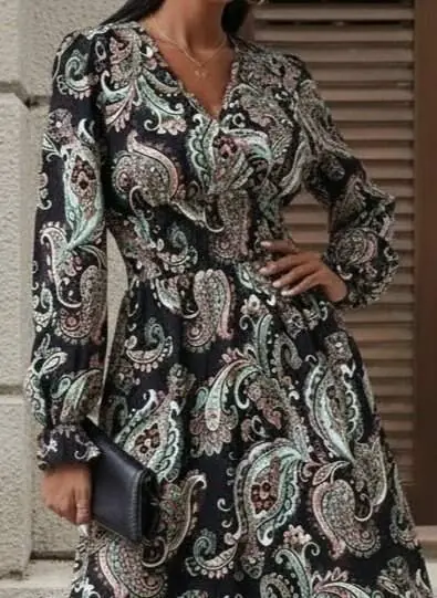 Women's Long Sleeve Crossover Neck Elastic Waist Long Patterned Maxi Dress - 3