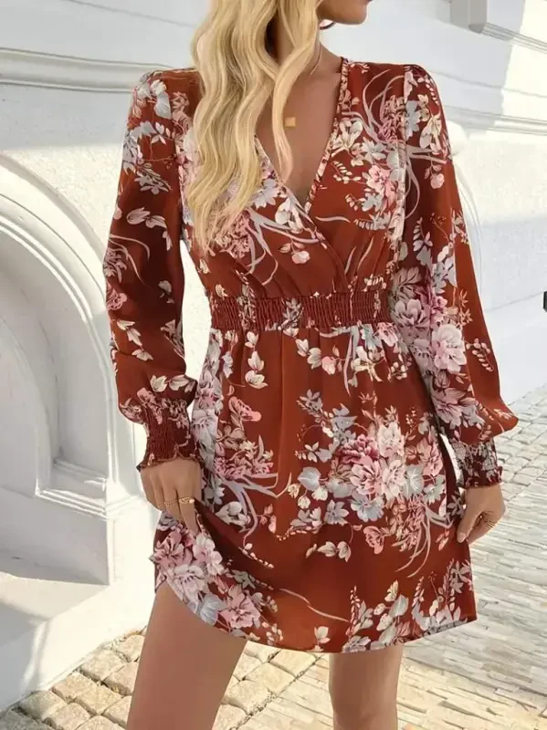 Women's Long Sleeve Crossover Neck Floral Print Mini Supima Dress - 1