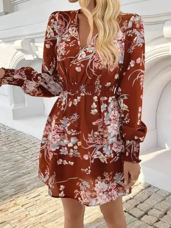 Women's Long Sleeve Crossover Neck Floral Print Mini Supima Dress - 2