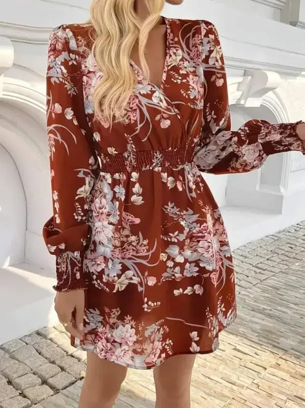 Women's Long Sleeve Crossover Neck Floral Print Mini Supima Dress - 3