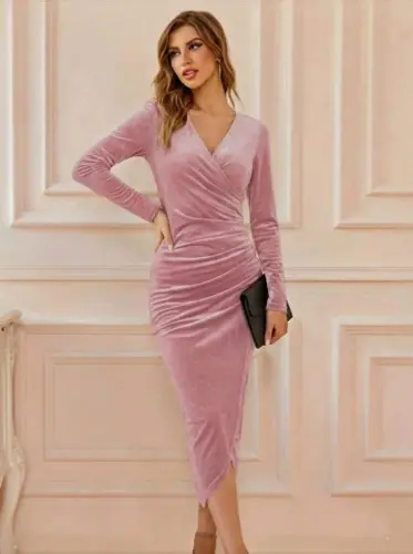 Women's Long Sleeve Crossover Neck Gathered Waist Detail Midi Velvet Dress - BÜYÜKBEDENIZ (1)
