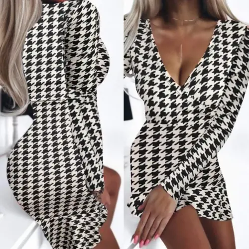 Women's Long Sleeve Crossover Neck Houndstooth Micro Mini Dress - 4