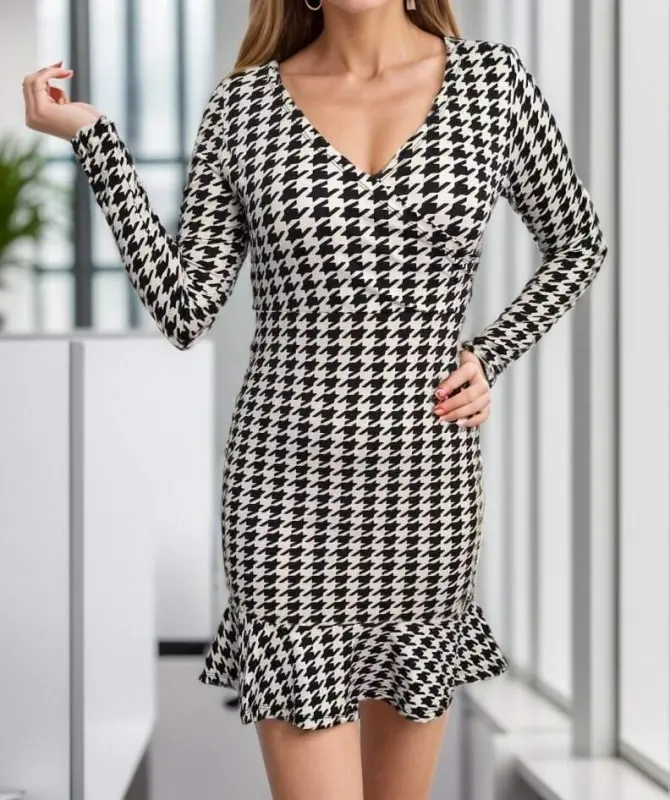Women's Long Sleeve Crossover Neck Houndstooth Micro Mini Dress - 7
