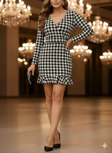 Women's Long Sleeve Crossover Neck Houndstooth Micro Mini Dress - 9