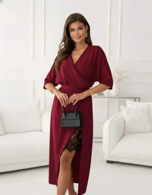 Women's Long Sleeve Crossover Neck Lace Up Side Midi Imported Crepe Dress - 1