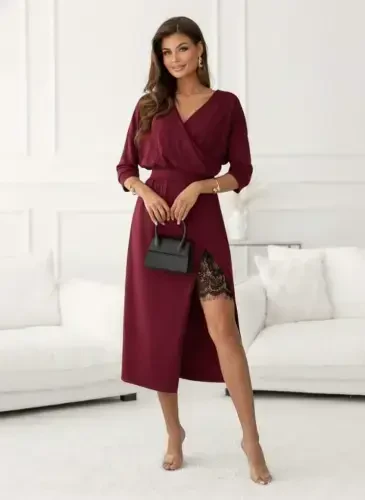 Women's Long Sleeve Crossover Neck Lace Up Side Midi Imported Crepe Dress - BÜYÜKBEDENIZ (1)