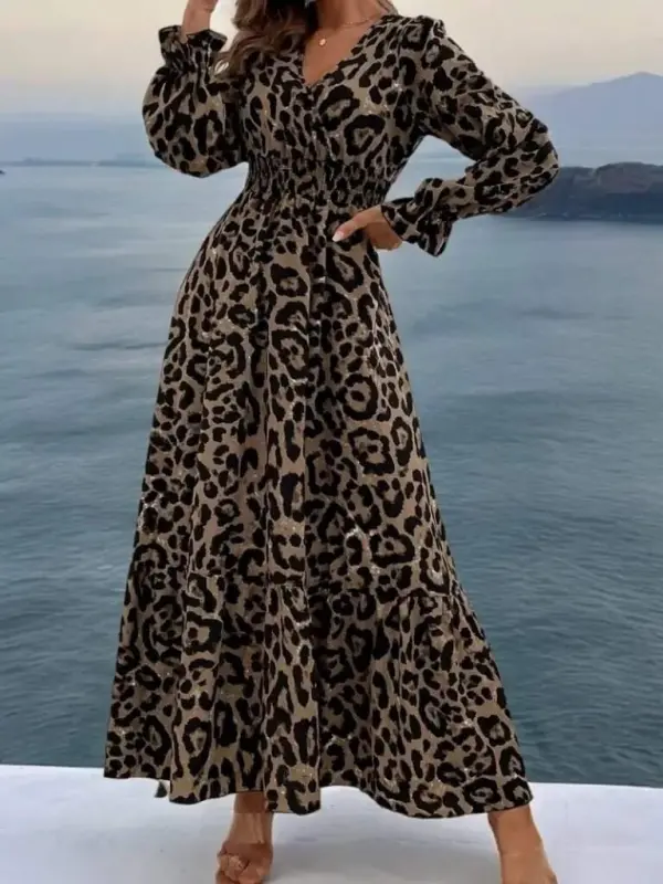 Women's Long Sleeve Crossover Neck Leopard Print Long Supreme Dress - BÜYÜKBEDENIZ